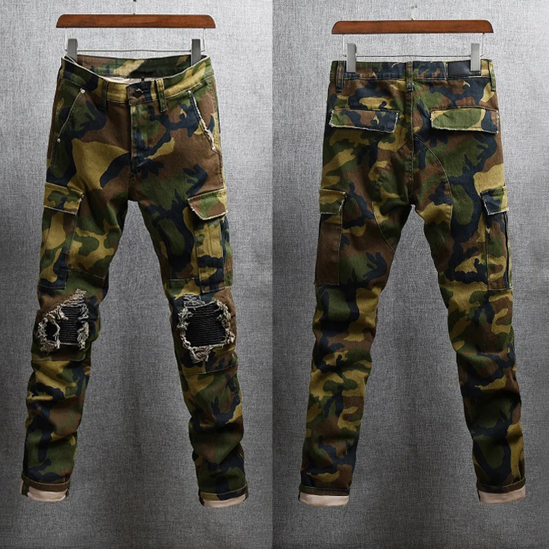 

Fashion Streetwear Men Jeans Slim Fit Camouflage Pathes Designer Ripped Denim Punk Trousers Big Pocket Hip Hop Cargo Pants Homme