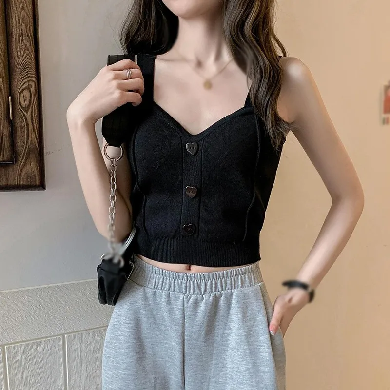 

Летние корейские Стиль Женская трикотажная кофточка без рукавов Новые однотонные Цвет Женский Тонкий Короткие топы с бретельками с металл...