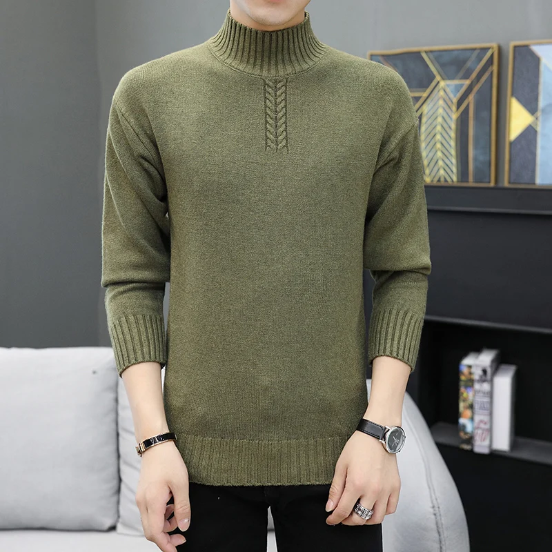 Мужской свитер с высоким воротником однотонные вязаные пуловеры косами
