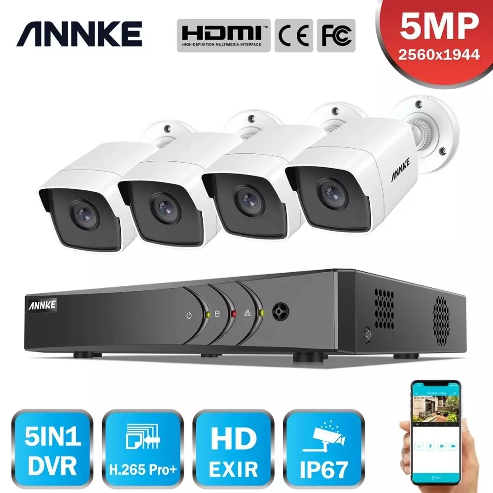 Камера видеонаблюдения ANNKE H.265 + 5 Мп Lite Ultra HD 8 каналов DVR 4 шт. IP67 водонепроницаемая
