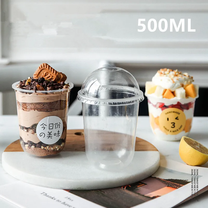 

50pcs High quality sawdust cup u-shaped fat milk tea yogurt pudding ice cream dessert plastic cup disposable cake cup with lid