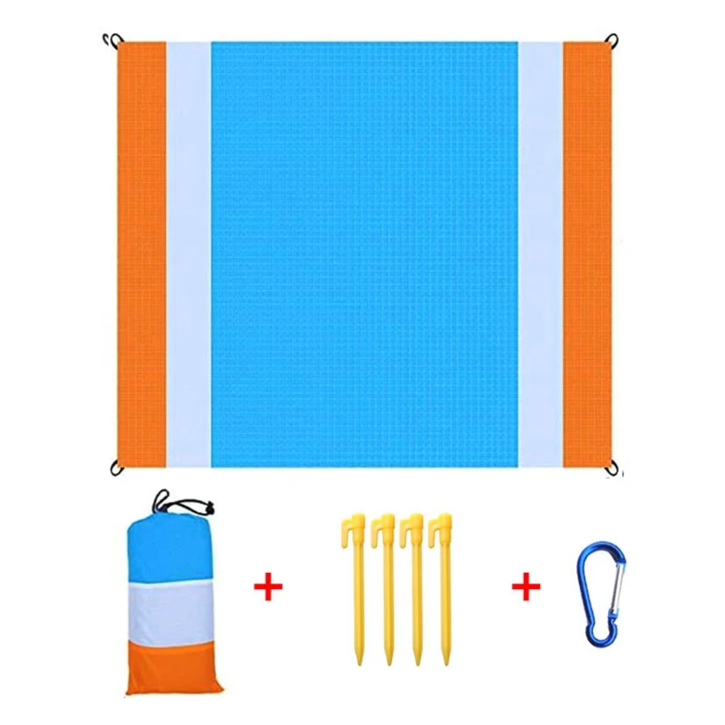 

094C Portable Beach Blanket with 4 Stakes and Carabiner Sandproof Sandfree Camping Hiking Mat Lightweight Waterproof Pad