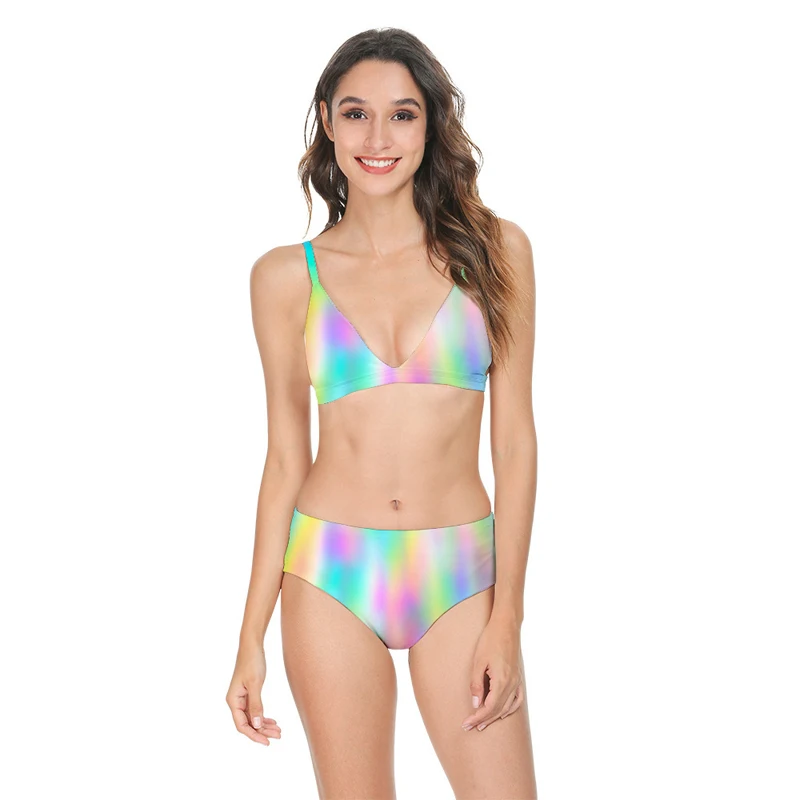 

LUCKYFRIDAYF Sexy Rainbow Gradient 3D Tie Dye Push Up Bikinis Set Kostium Kapielowy Two Pieces Swimwear Plus Size Swimsuit XS-2X