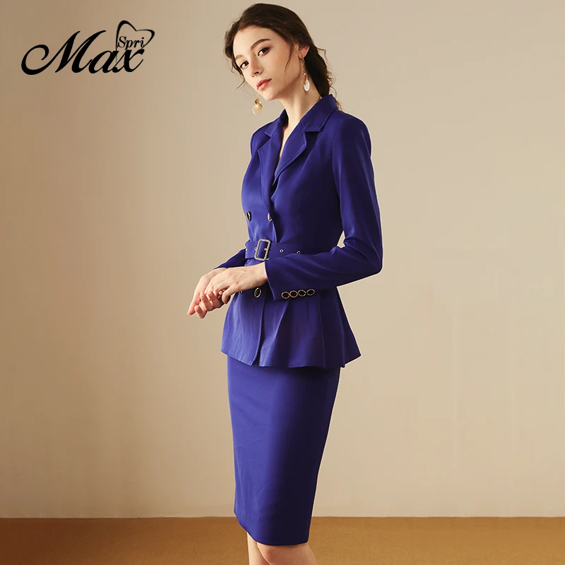 

Max Spri Women Office Style Two-Piece Set Workwear V Neck Long-Sleeve Slim Blazer Split Pencil Skirt Suits 2019 New Women Sets