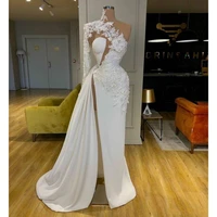2021 arabic dubai exquisite lace white prom dresses high neck one shoulder long sleeve formal evening gowns side split robes de