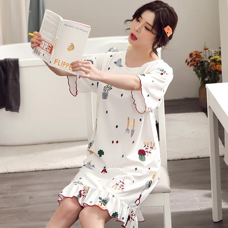 

New Arrival Pajamas Summer Ladies Lovely Short Sleeve Nightdress Korean Home Service Medium Long Skirt Women Nightgowns