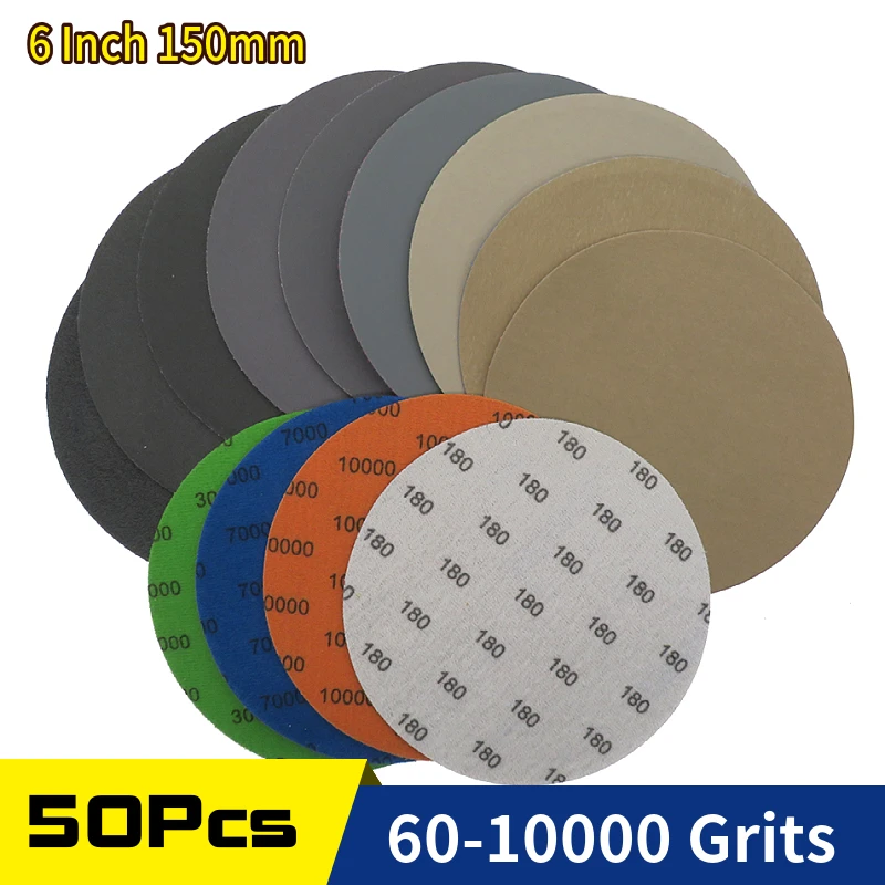

50pcs 6 Inch 150mm Waterproof Sanding Discs Hook & Loop Silicon Carbide Sandpaper Wet/Dry 60-10000 Grit for Polishing Grinding