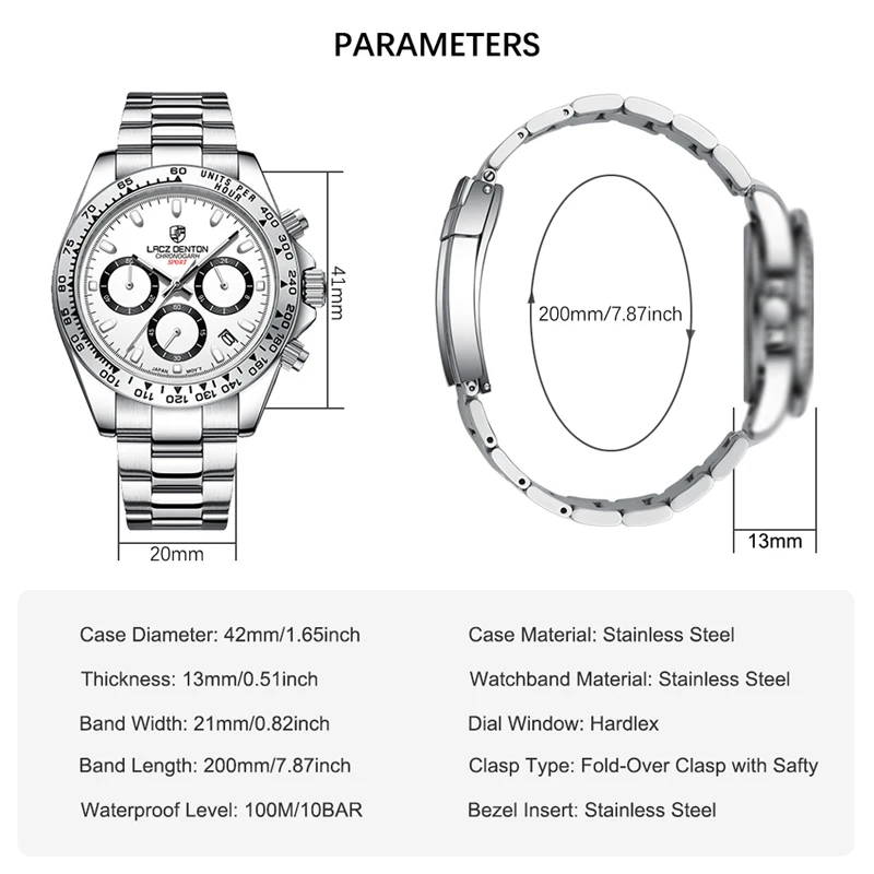 LACZ DENTON Quartz Watch For Men 2021 Top Brand Luxury Chronograph Stainless Steel Sport 100M Waterproof Luminous Calendar Clock enlarge