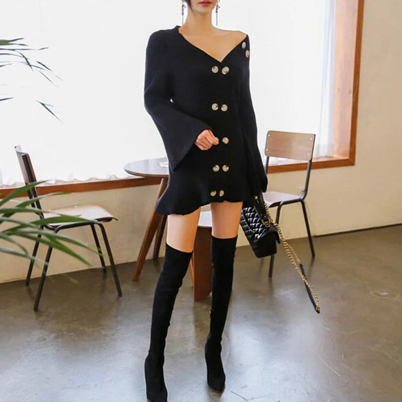 

One-Piece Sweater Dress For Women 2020 Autumn Long Sleeve Double Breasted Knit Dresses Sexy Female Korean Cute Mini Dress Woman