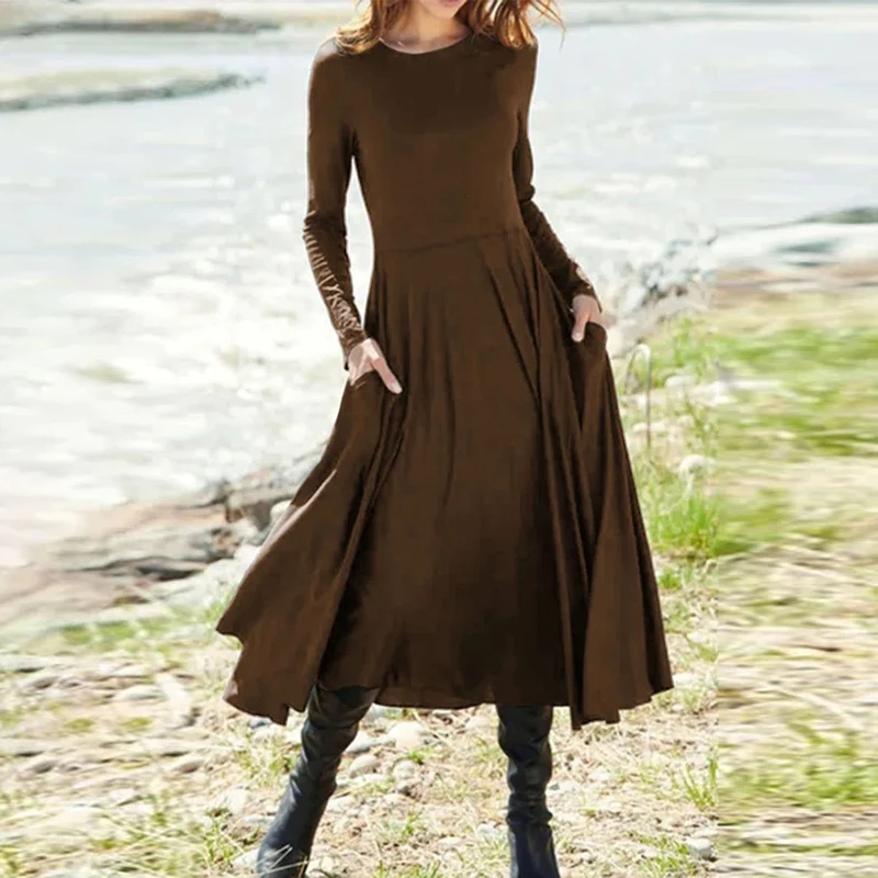 

Simple Solid Women Casual Long Sleeve Dress Elegant Femme Spring Autumn Loose Dress Streetwear Patchwork Pocket Round Neck Dress