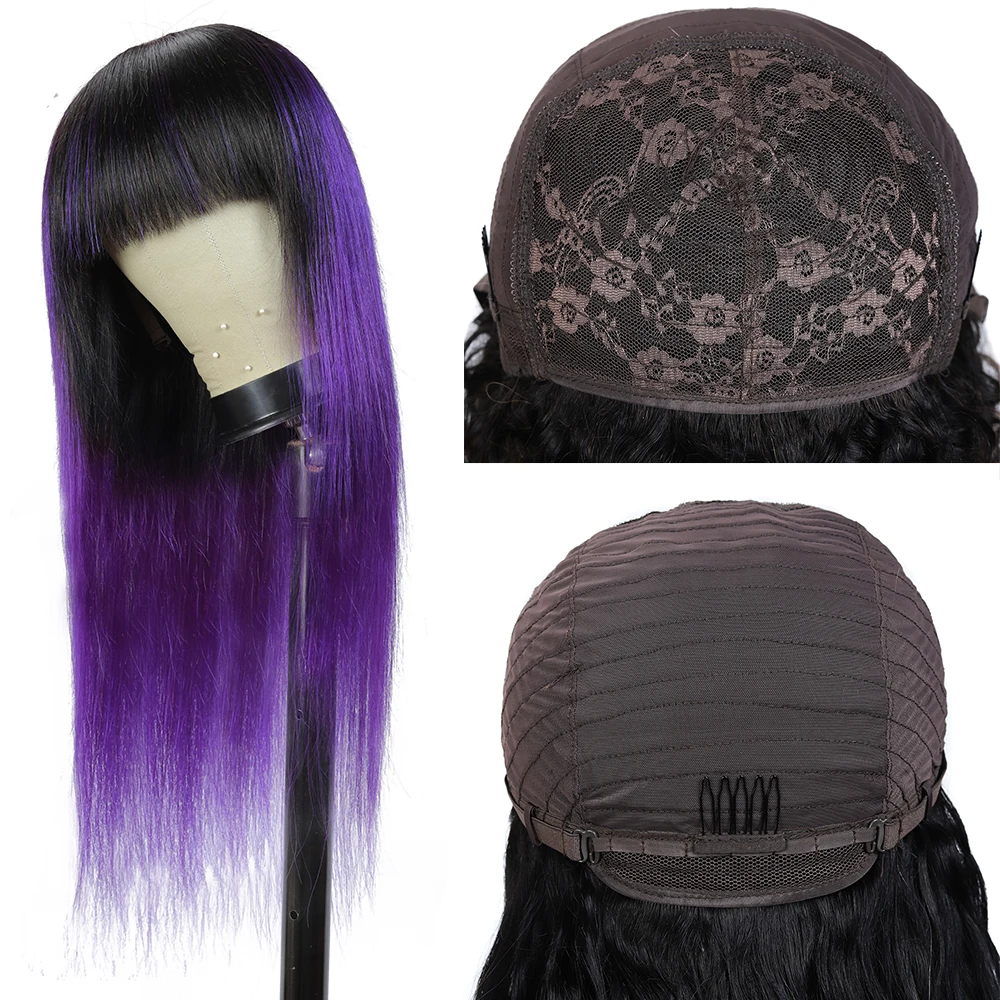 Парик Из прямых человеческих волос омбре с челкой парик из Remy Color 1B Purple Full