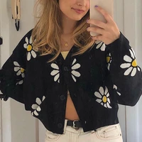 vintage flower knit cardigans sweater y2k women autumn winter v neck loose elegant sweater coat female casual thick clothes 2021