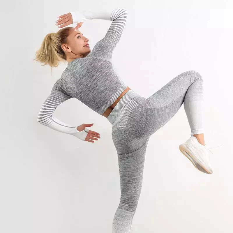 

NORMOV Women Fitness Sets Seamless O-Neck Long Sleeve And Leggings Push Up Set Workout Woman Slim Elastic Two Piece Suits
