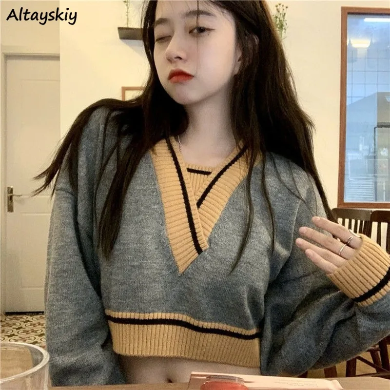 

Пуловеры свитер для женщин, из кусков, вязаное платье с треугольным вырезом и короткими Стиль пикантные ученические милые уличная свободны...