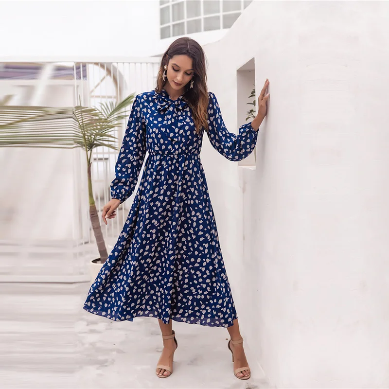 

Women's Bow Collar Long Sleeve Casual Long Printed Dresses Ladies 2021 New Spring Summer Fashion Petal A Line Chic Dress Female