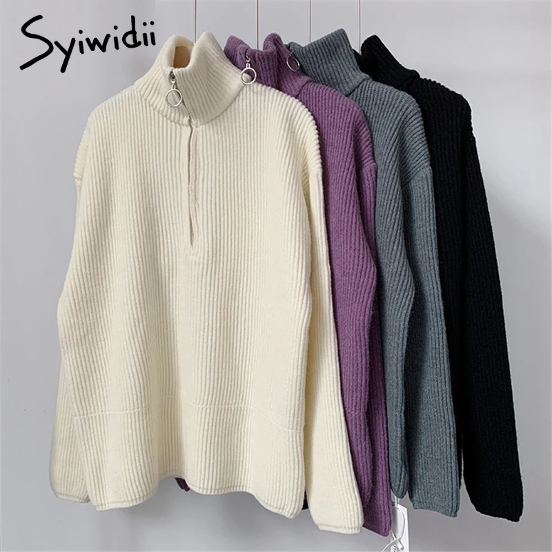 

Syiwidii Purple Winter Sweater Women Thick Turtleneck Zipper Up Oversized Harajuku Pullovers Autumn 2021 Fashion Warm Jumpers