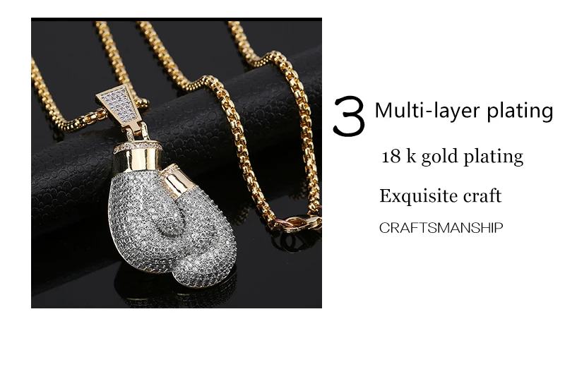 Bling боксерские перчатки кулон ожерелье и подвеска шарм Веревка Цепь золотой цвет Iced кубический циркон мужские хип-хоп ювелирные изделия