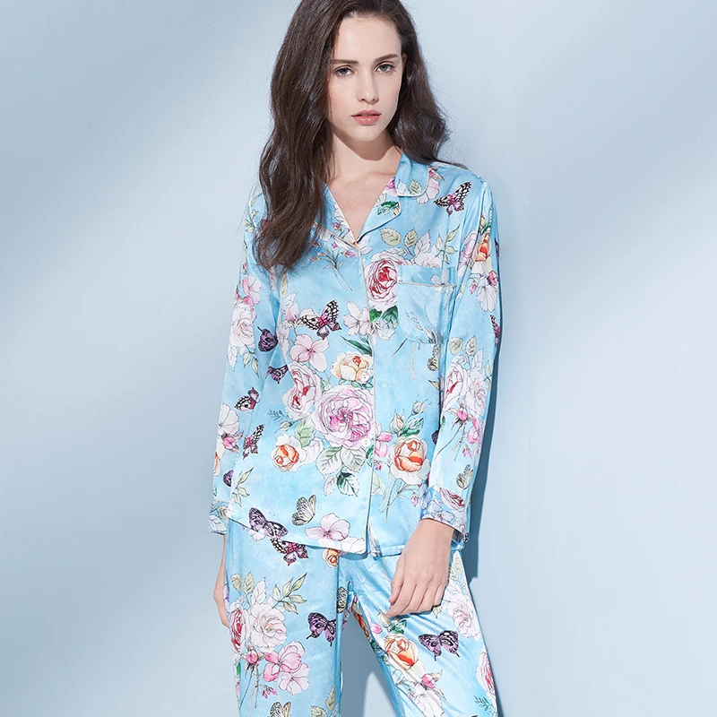 100% Real Silk Pajamas for Women Pink Print Sleepwear Ladies Flower Full-Sleeves Pijamas Nightwear Satin Silk Pyjama Nighties