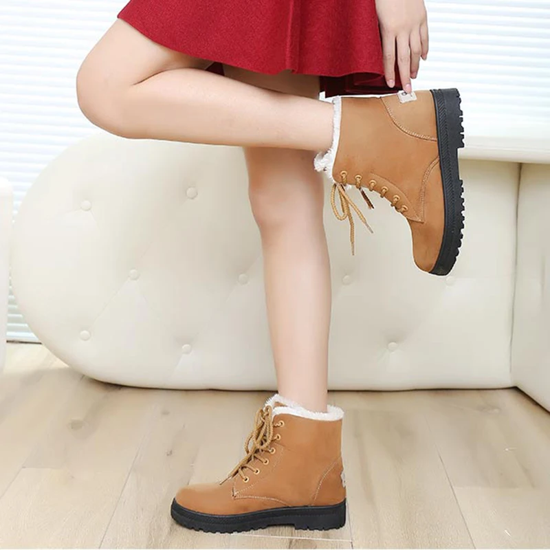 

Flat Platform Sneaker Shoes Plus Velvet Winter Warmth Women Lace Up Cotton Snow Boots FK88