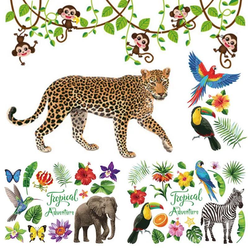 

Jungle Animals Wall Stickers for Kids Rooms Boys Room Bedroom Decoration Big Size Tropical Plants Wallpaper Nordic Home Decor