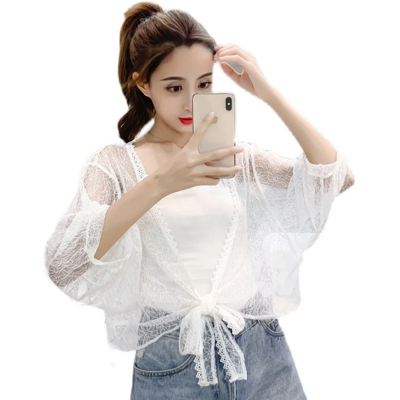 

COIGARSAM Shirt Womens Tops Summer Half Sleeve Lace Bow Belt White Women Shirts