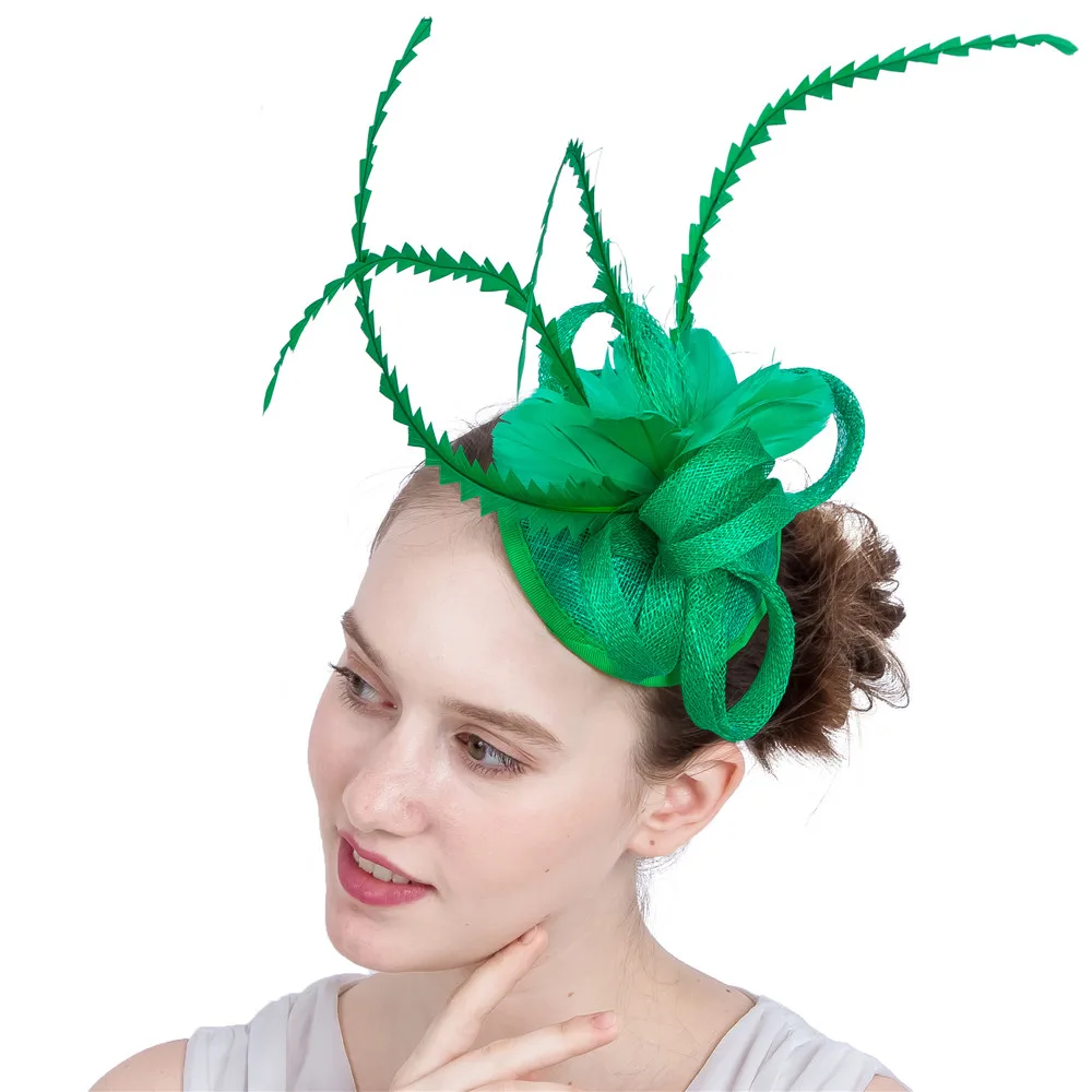 Женская Элегантная шляпка Вуалетка Sinamay с зелеными волосами и перьями шляпки для