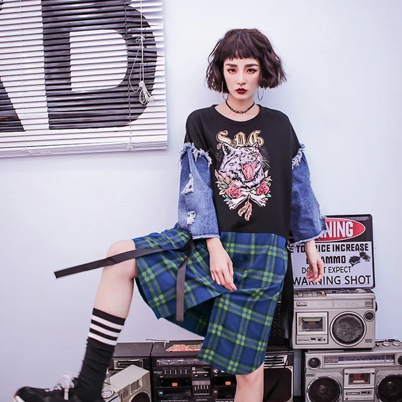 Harajuka хип хоп стиль рваные клетчатые джинсовые Лоскутные поддельные две части