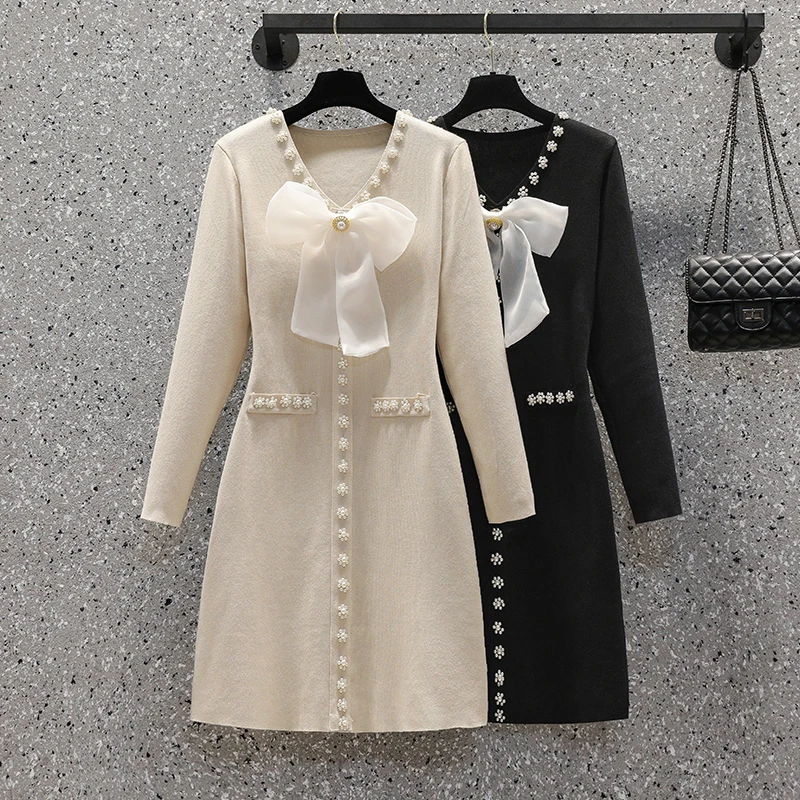 

Bow Sweater Pullover Dresses Autumn Winter For Women Elegant Long Sleeve Vintage Fashion Beading Knitted V-Collar Dress