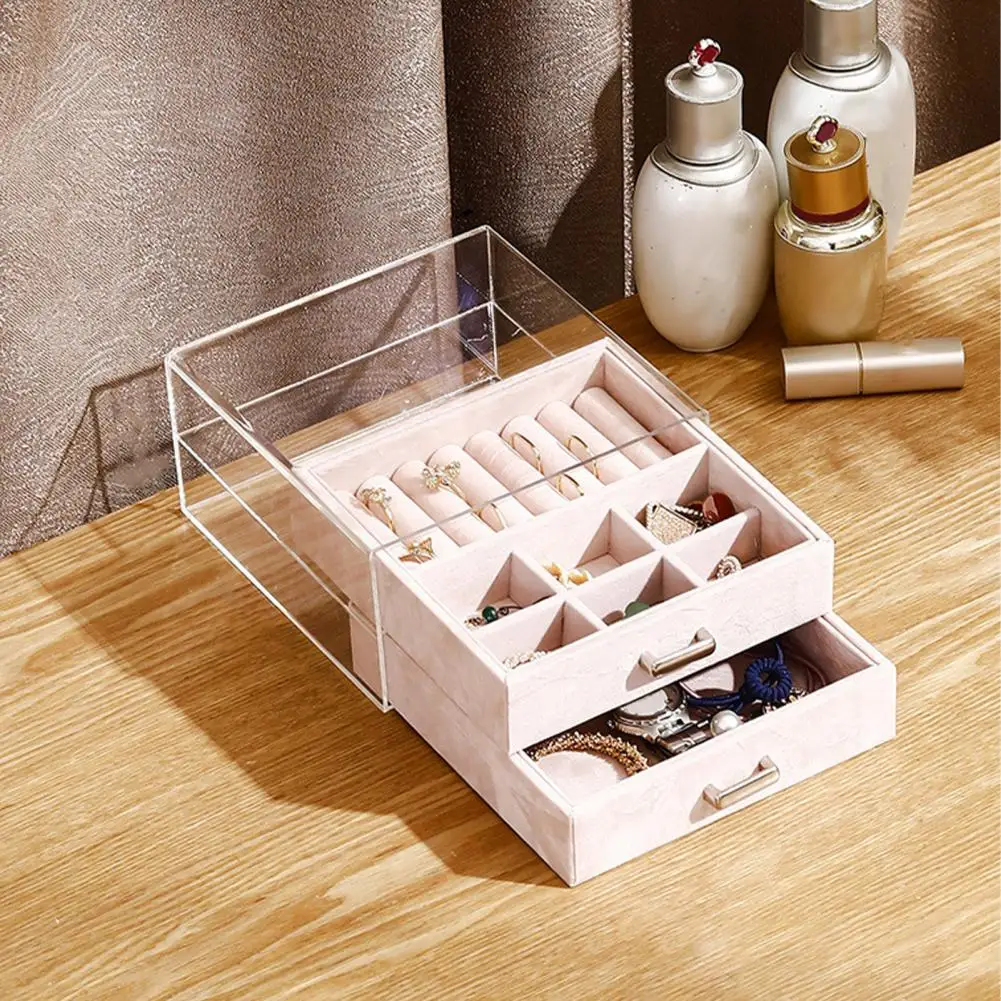 Шкатулка для хранения ювелирных изделий с выдвижными ящиками, защитой от пыли и органайзером для сережек из акрила для женщин.