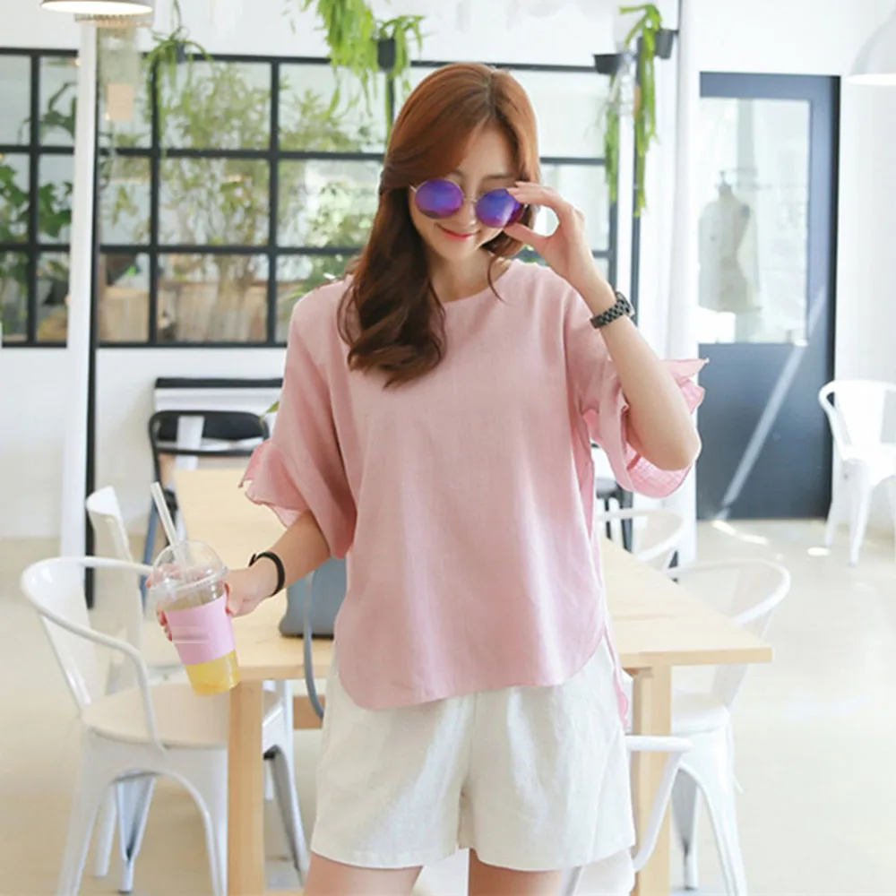 

Women's Fashion Blouse Loose Casual 2021 Summer Simple Designer Thin Split Fork Round Neck Ruffle 5-point Sleeve