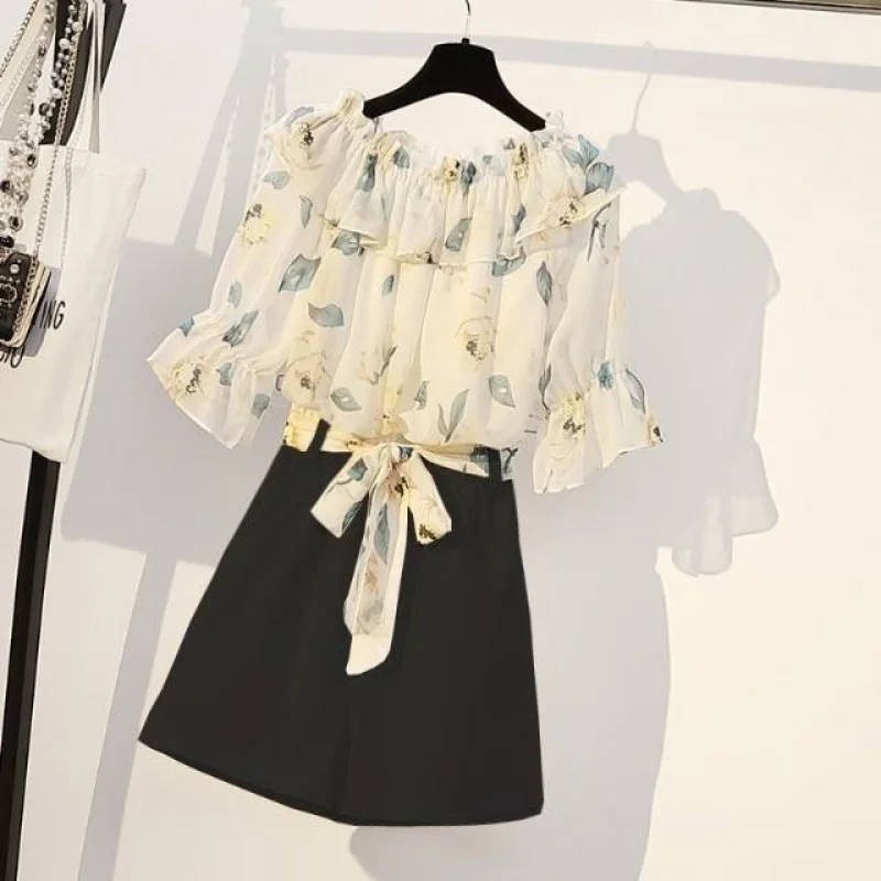 

Chiffon Suits Summer Plus Size Women 2-Piece Flare Sleeve Slash Neck Off Shoulder Sexy Floral Blouse Ruched Belt Wide Leg Shorts