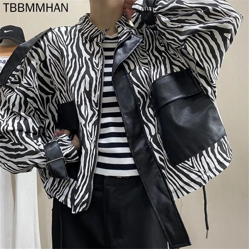 

Autumn Black Zebra Pattern Print Patchwork Faux Pu Big Pocket Leather Jacket Loose Casual Long Sleeve Female Jaqueta Feminina