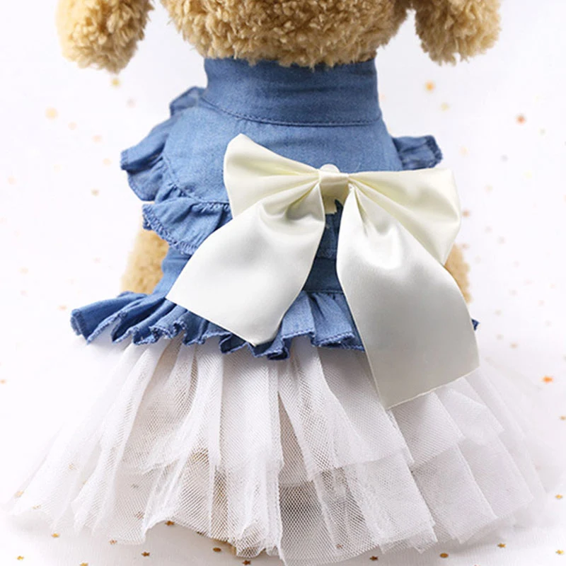 Голубое Ковбойское платье с бантом для собак Летняя Одежда питомцев большим