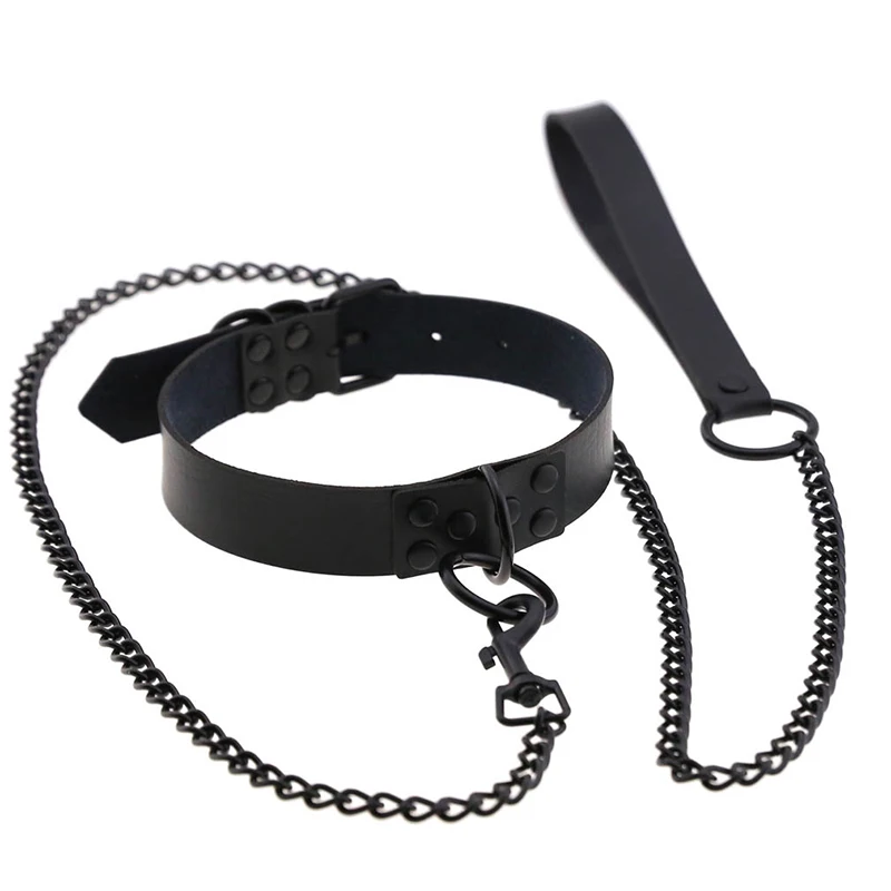 

Sexy Rivet Women Man Dark Black Punk Gothic Alternative Slave PU Leather Traction Rope Chain Bondage Necklace Jewelry