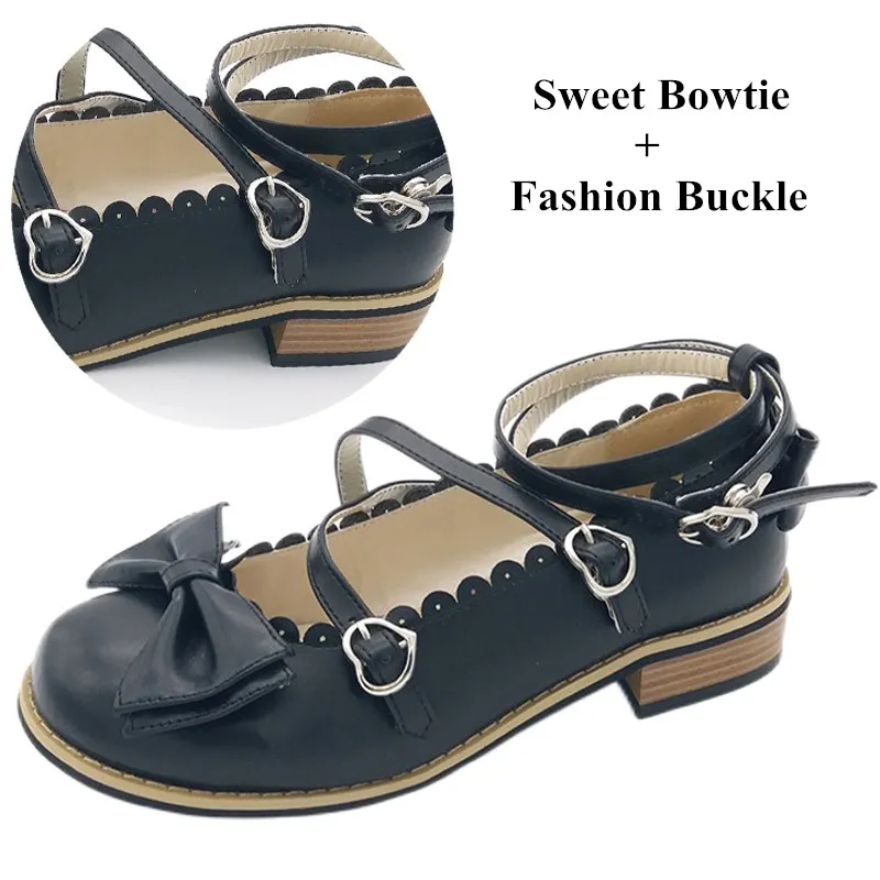 Lovely Women Round Toe Lolita Pumps Japanese Ankle Strap Low Heels Leather Pumps Sweet Bowtie Princess Party Shoes Plus Size 42
