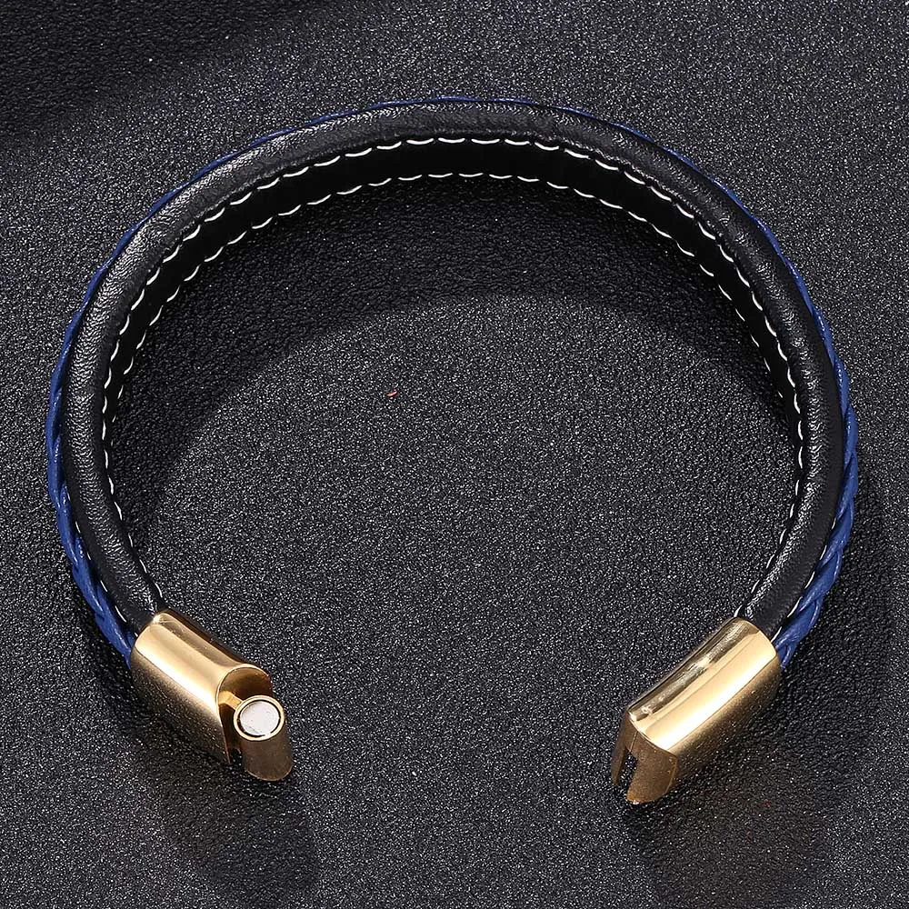 Мужской черный синий плетеный кожаный браслет золотой нержавеющая сталь