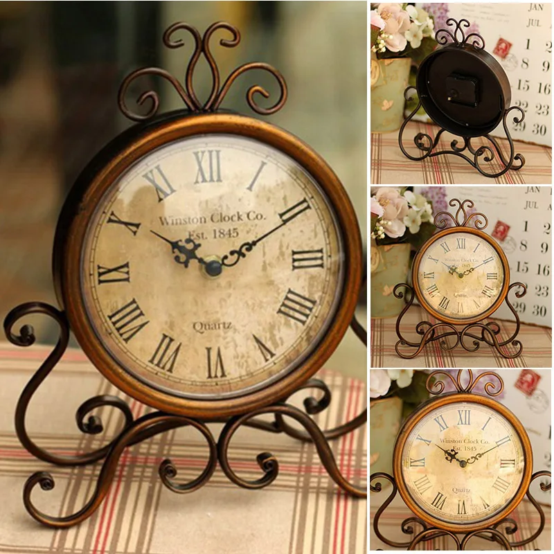

Vintage European Style Iron Clock Desktop Mute Clock Metal Decoration Ornaments Exquisite Workmanship FPing