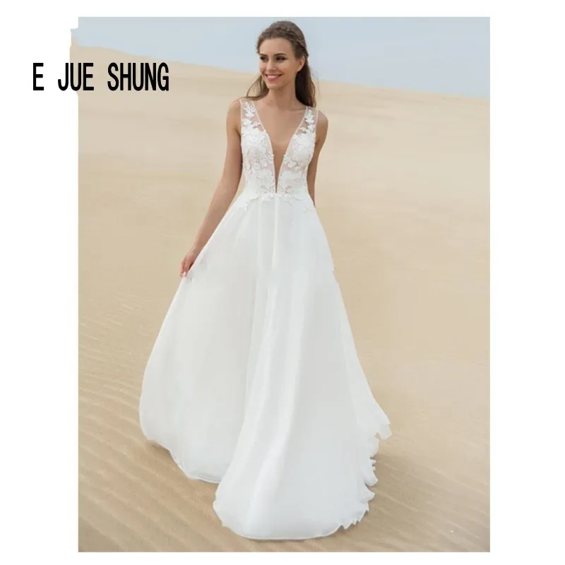 

E JUE SHUNG Beach Wedding Dresses Sleeveless Button Back V Neck Lace Appliques A Line Boho Bridal Dress Robe De Soiree Custom