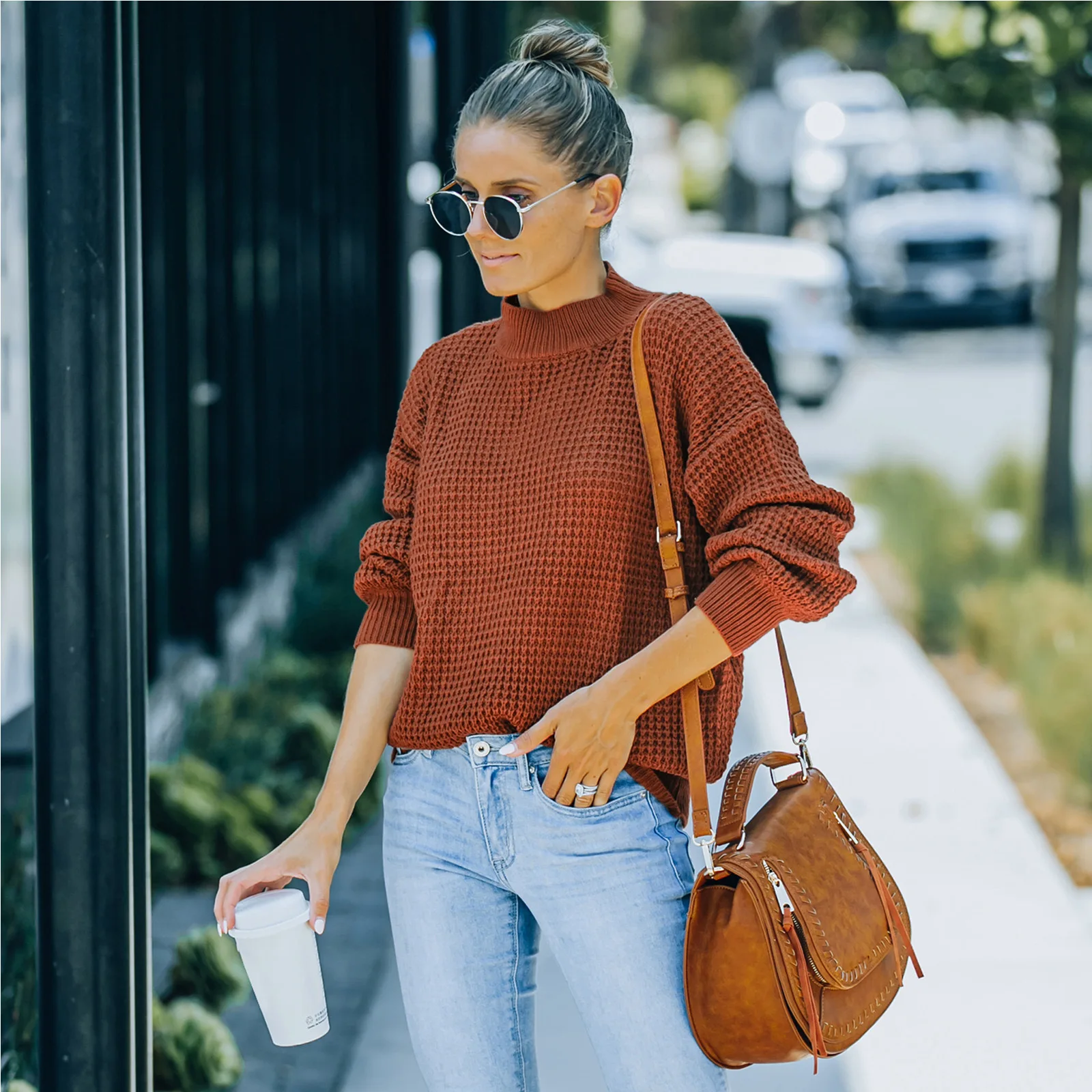 

Модный вязаный свитер на осень и зиму, черный, синий, коричневый пуловер с ложным воротником для дам, свитер с длинным рукавом, женские свобо...