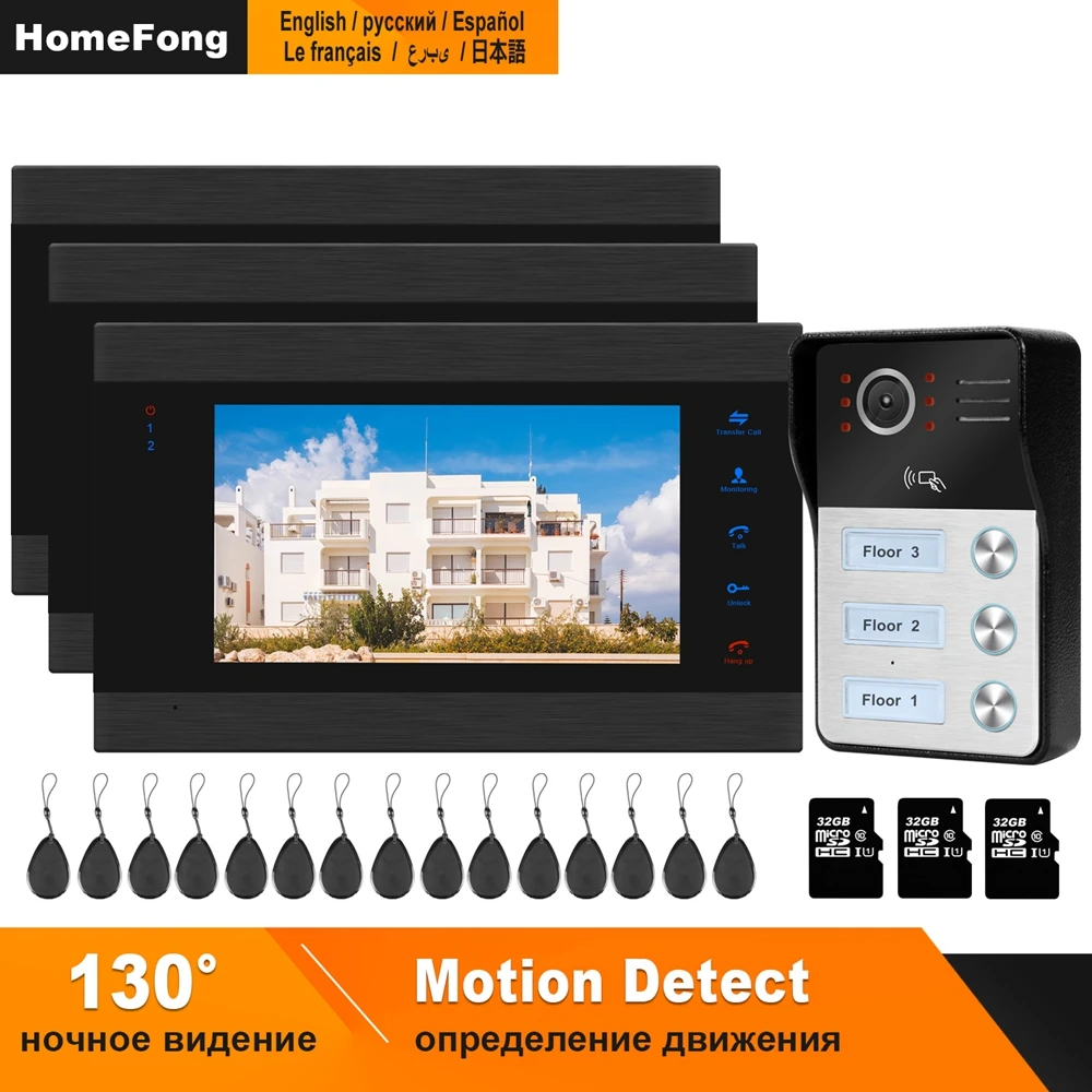 

HomeFong Wired Video Intercom for Apartment System 3 Monitors 1 Doorbell Support Motion Detect Swiping Card Unlock Talk Monitor