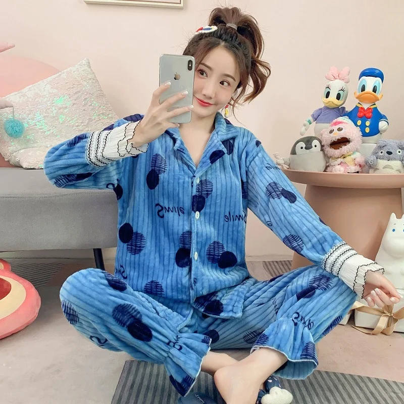 Autumn and Winter Coral Velvet Pajamas Women's Suit 2021 New Flannel Thickened Plus Velvet Warm Home Service