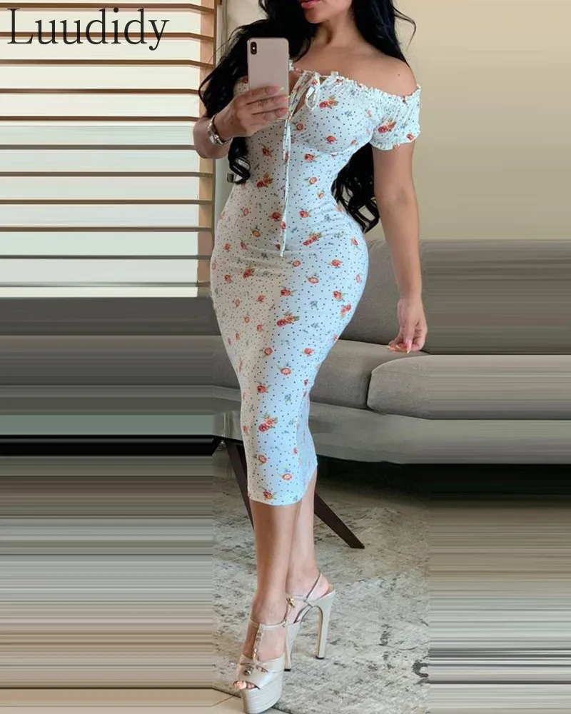 

Summer Women Floral Print Off Shoulder Bodycon Dress