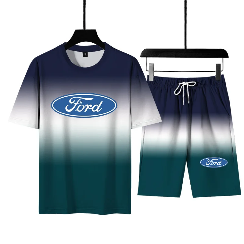 

Summer Men's T-shirt Ford Car Logo printing Men's short sleeve Cotton High Quality Men's T-shirt + shorts two-piece suit