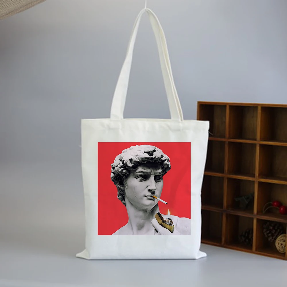 

Hip Hop Japanese Handbag Tote Bags Reusable Shopping Bag Vaporwave Canvas Bag White Female Cartoon Vintage Print Shoulder Bags