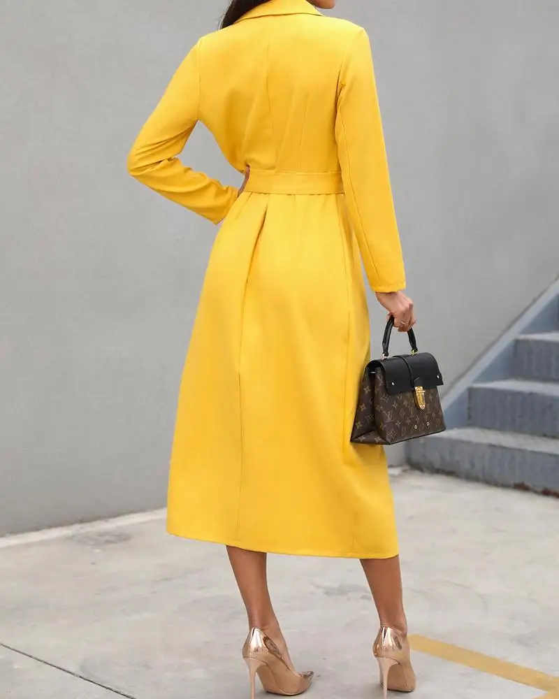 Женское платье Блейзер желтое с поясом и длинным рукавом| |