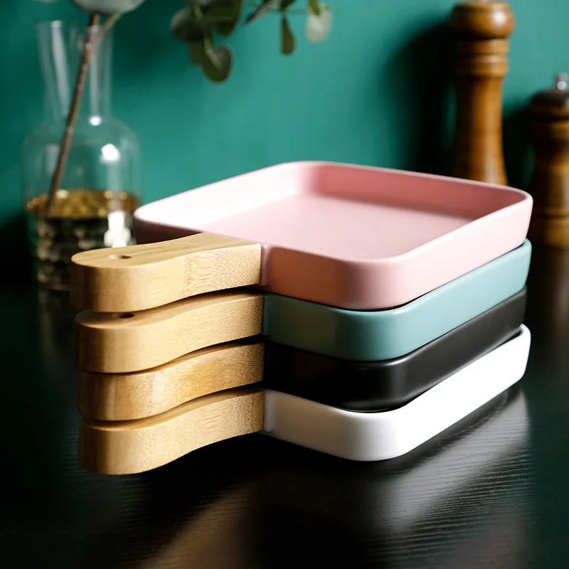 Simple Matte Ceramic Plate With Wood handle porcelain Dinner Dish Steak Salad Breakfast Tray Fruit Tableware Cake Plates | Дом и сад