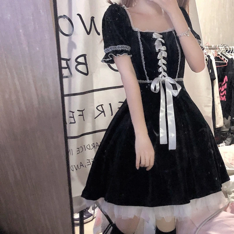 

2021 Summer Japanese Fashion Hot Sale Black Lace Stitching Short Sleeve Square Neck Kawai Ladies Dresses For Women