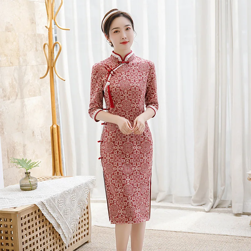 Женское элегантное Замшевое платье Qipao с изысканным принтом и кружевной отделкой