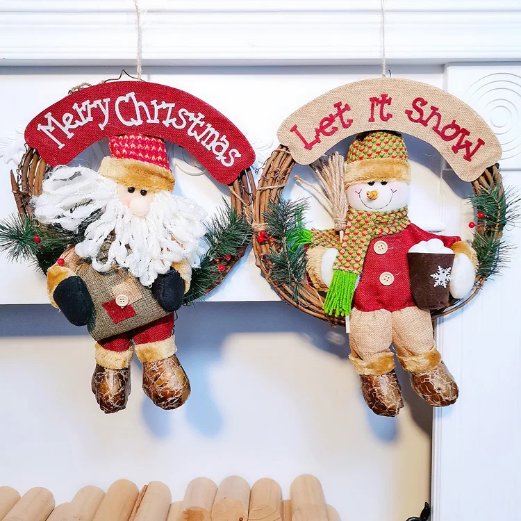 

Деревянный Рождественский венок, Санта-Клаус, снеговик, ротанговое кольцо, домашний декор, подвеска для двери, Рождественская елка