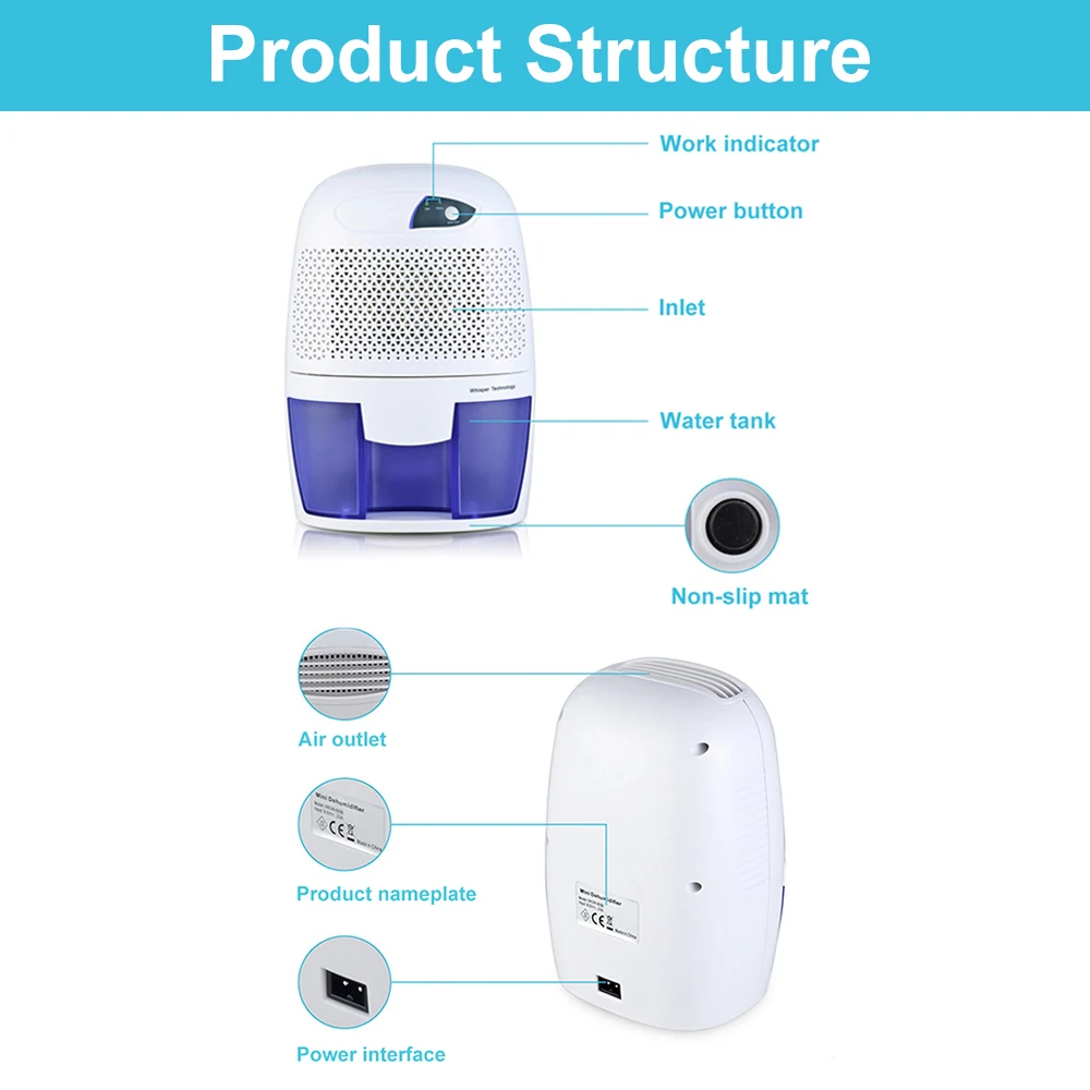 

Mini Dehumidifier Air Dryer Moisture Absorber Electric Air Cooling Dryer with 500ML Water Tank for Home Bedroom Kitchen Office